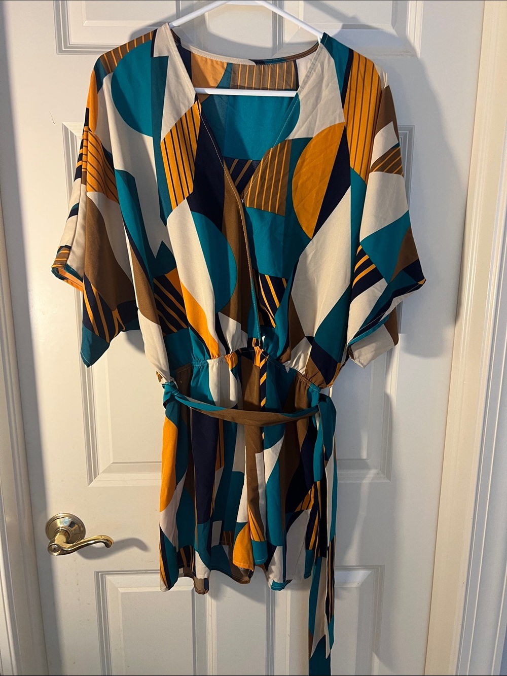Geometric Print Short Dress with Waist Tie - Teal & Mustard